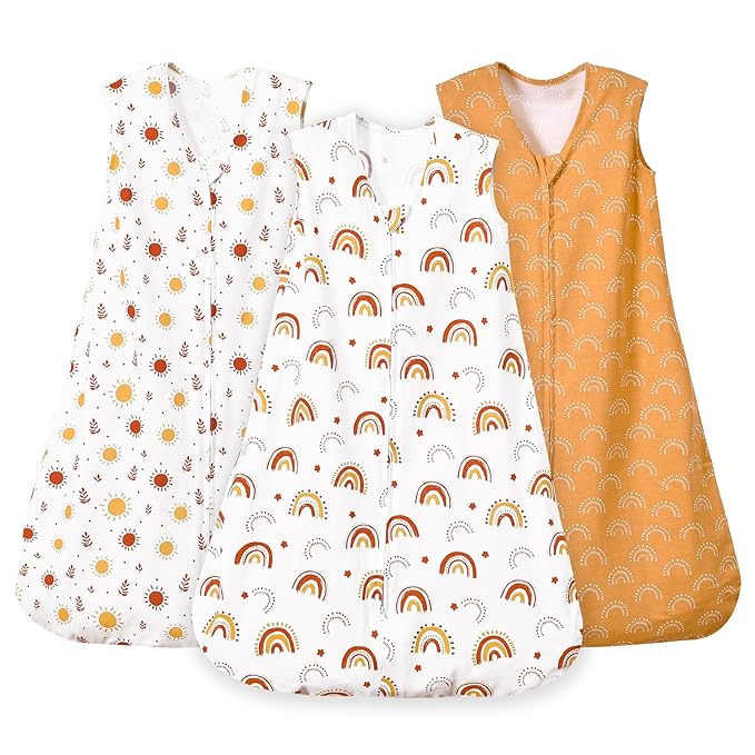 PHF Soft Baby Sleep Sack 0-6 Months 100% Organic Cotton Wearable Blanket, 2-Way Zipper 0.5 TOG Toddler Sleeping Sack 3 Pack, Comfy Sleep Bag for Baby Boys Girls, Rainbow (Small)