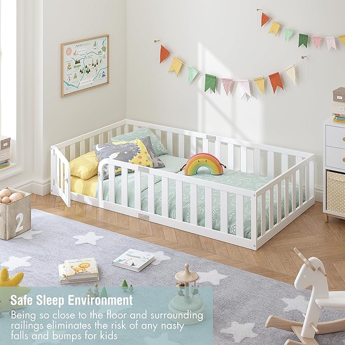 Spirich Twin Size Kids Floor Bed Frame with Fence and Door, Solid Wood Montessori Floor Bed for Kids with Safety Guardrails, Twin Bed Frame for Boys and Girls, White