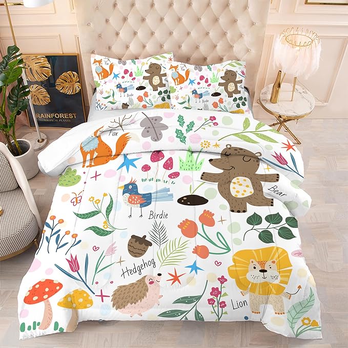 Comforter Set Cartoon Animals: King Size Cute Bedding Sets for Women Adult Teens Girls Kawaii Bedroom Fox Bear Lion Flowers Soft Quilt Bed Set 1 Comforter & 2 Pillowcases