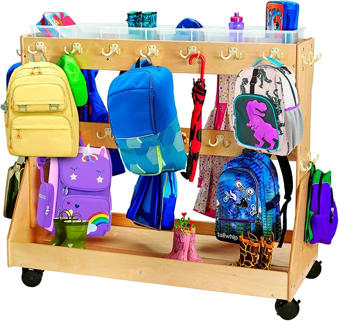 evamarie Rolling Backpack cart and Classroom Cubbies for Daycare - Kids Cubbies Storage with Coat Hooks and Wheels - Wooden Toy Organizers and Storage