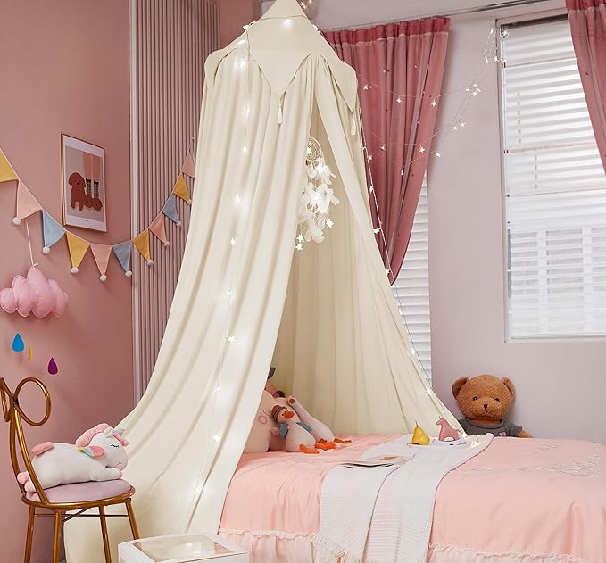 Akiky Kids Bed Canopy with Tassels Natural Crib Canopy with Light for Reading Nook Play Tent Hideaway Hanging Tent Nursery Room Decoration
