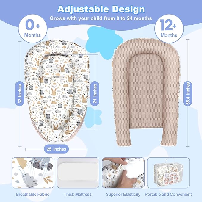 Baby Lounger, Portable Baby Lounger for Newborn 0–24 Months, Infant Nest for Travel, Floor Time, and Crib Use, Baby Essentials for Home (Hoot)