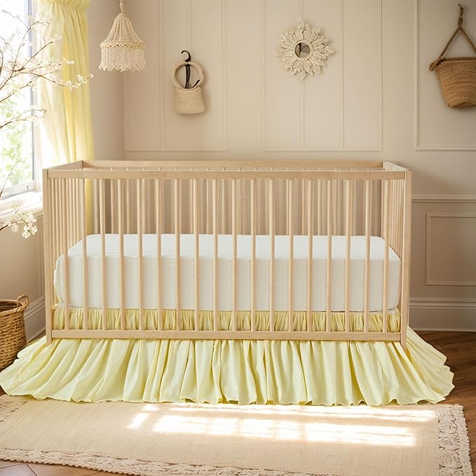 Brandream Gathered Crib Skirt, Baby Boy, Baby Girl, Gender Neutral Crib Skirt, 100% Cotton, 4-Sided, Solid Light Yellow Toddler Bedskirt Farmhouse Chic Nursery Crib Bed Skirt Dust Ruffle