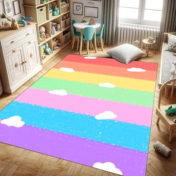 Soft Rainbow Area Rugs Girl's Bedroom Fluffy Colorful Rugs Cute Floor Mats Furry Children's Play Mats White Cloud Rainbow Prints Living Room Kids Room Nursery Home Decor 3x4ft