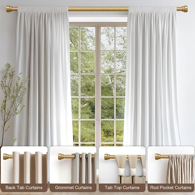 Modern Gold Curtain Rods for Windows 66 to 120 Inches Adjustable Length Heavy Duty 1" Diameter Window Curtain Rod with Decorative Finials for Outdoor Bedroom Kitchen Living Room