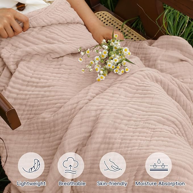 PHF Cooling Muslin Blanket Twin Size 60"x80", 6-Layer Lightweight Gauze Blanket Made from 35% Rayon Derived from Bamboo & 65% Cotton, Breathable & Ultra Soft Cozy, Aesthetic Home Decor, Cameo Rose