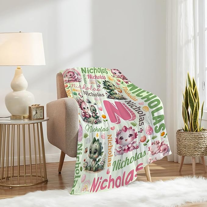 Personalized Custom Dragon Floral Blanket Gifts for Kids Boys Girls with Name - Customized Dragon Floral Super Soft Lightweight Flannel Sheets Decor for Crib Nap Couch - 90"x120" for Whole Family
