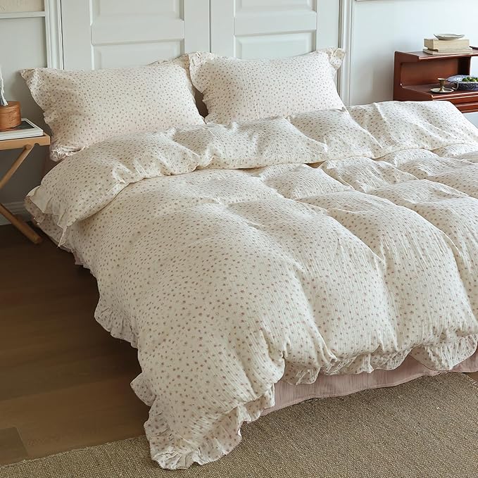 BuLuTu Double-Layer Cotton Muslin Duvet Cover Queen Size, Chic Shabby Princess Ruffled Quilt Cover 90"x90", Pink Floral Print Bedding Comforter Cover with Zipper, No Pillowcase