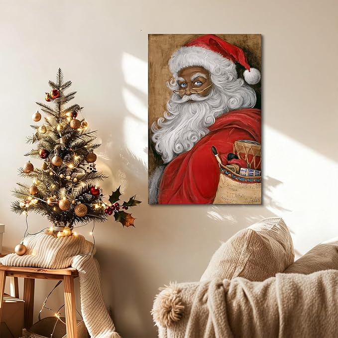 YONICA Christmas Canvas Wall Art Vintage Santa 36x46 Inch Retro Gift Bag with Toys - Large Framed Gallery Wrapped Traditional Decor