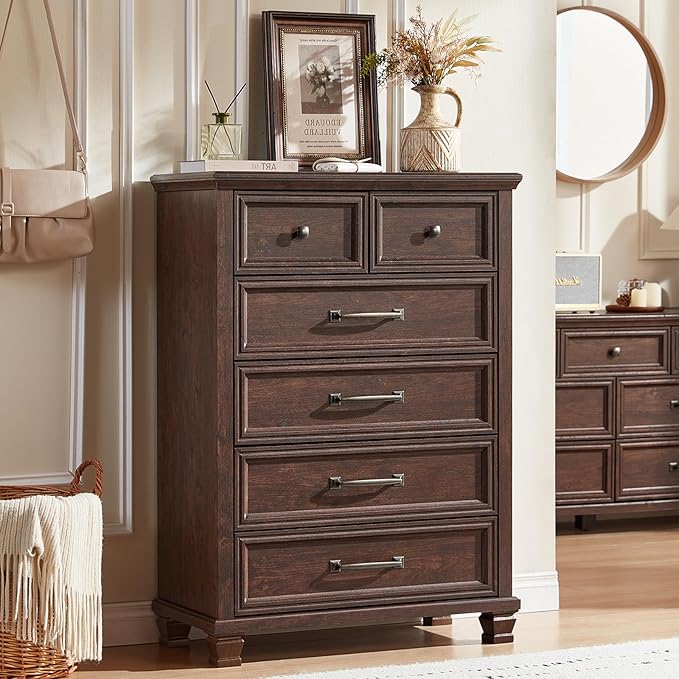Farmhouse Bedroom Dresser and Nightstand Set of 4, 6 Drawer Tall & Low Dresser & 3 Drawer Nightstand Set with Wooden Legs, Rustic Wood Furniture Sets for Bedroom, Hallway, Walnut