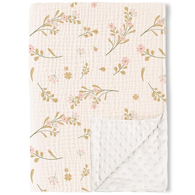 Konssy Baby Blankets for Unisex Boys Girls, Super Soft Nursery Minky Blankets with Muslin Cotton Front and Dotted Fleece Backing, Printed Bed Throws Newborn