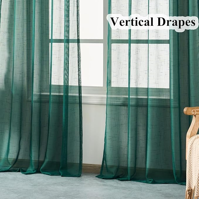 Emerald Green Curtains Sheer 90 Inches Long, Dark Linen Look Textured Light Filtering Drapes Decor, Hunter Green Transparent Window Treatments, Pinch Pleat Curtain with Hooks