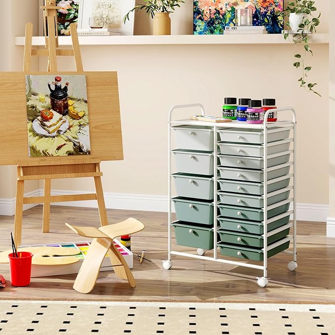 RELAX4LIFE 15-Drawer Storage Drawer Carts - Mobile Rolling Utility Cart w/Wheels, Craft Organizer for Classroom Organization and Storage, School, Office, Home, Storage Organizer Cart (Gradient Green)