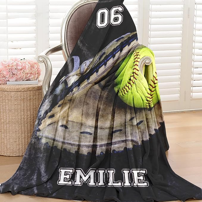 Personalized Baseball Blanket for Baby Kids - Custom Name and Number - Soft Warm and Fluffy Flannel Fabric Gift for Sports Lovers 60x80inch