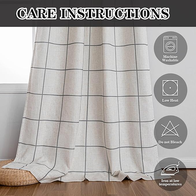 MYSKY HOME 100% Blackout Grey Plaid Farmhouse Linen Curtains 84 Inch Long 2 Panels Set Double Layer Checkered Drapes Thermal Insulated Privacy Protection Living Room Back Tab, 52" W, Deep Grey
