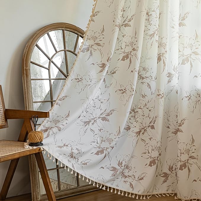 ENJOYBRIDAL Floral 96 Inch Curtains for Bedroom Cute Drapes Boho Semi Sheer Living Room Long Window Curtain Panels Retro Light Filtering Farmhouse Rod Pocket 2 Panels Window Treatments