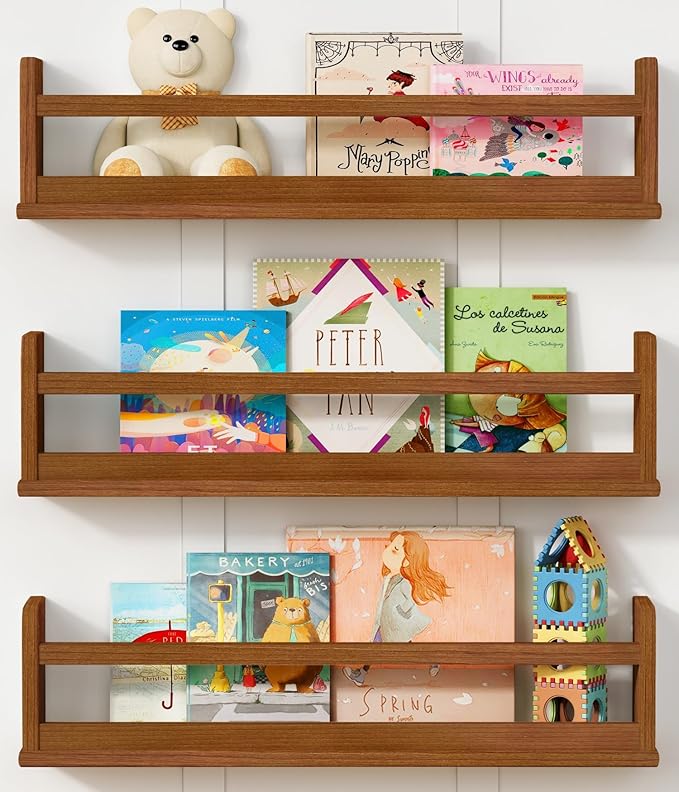 24 Inch Kids Wall Bookshelf for Bedroom, Large Floating Nursery Book Shelves for Baby Girls Boys Toddlers (24", Walnut)