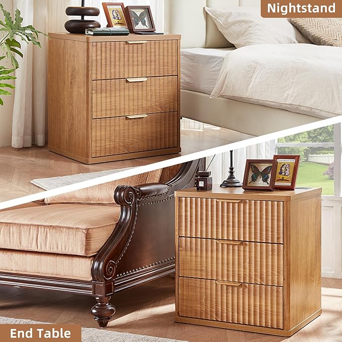 LEYAOYAO 23" Wide Fluted Night Stand with Charging Station, 3 Drawers Large End Table with Storage, Brown Nightstand Wood Bedside Tables, Farmhouse Cabinet Dresser for Bedroom, Living Room,Closet