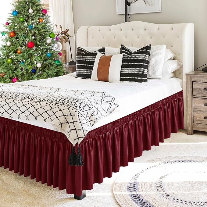 Biscaynebay Wrap Around Bed Skirts for Queen Beds 19" Long Drop, Burgundy Adjustable Elastic Dust Ruffles Easy Fit Wrinkle & Fade Resistant Silky Luxurious Fabric Solid Machine Washable