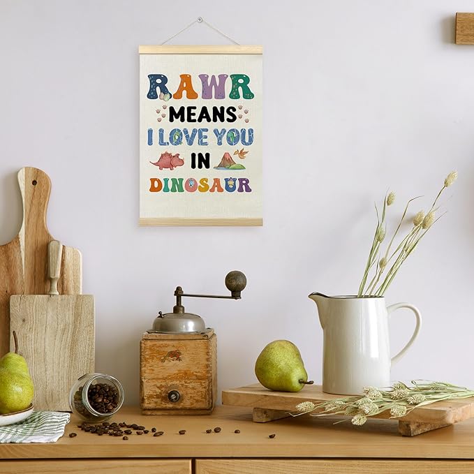 TLESKE Dinosaur Poster Hanger Frame for Boy Kids Room Bedroom Nursery Playroom, Raw Means I Love You Hanging Wall Art Decor Framed for Baby Boy, Dinosaur Wall Prints Picture Artwork Banner, 12x16