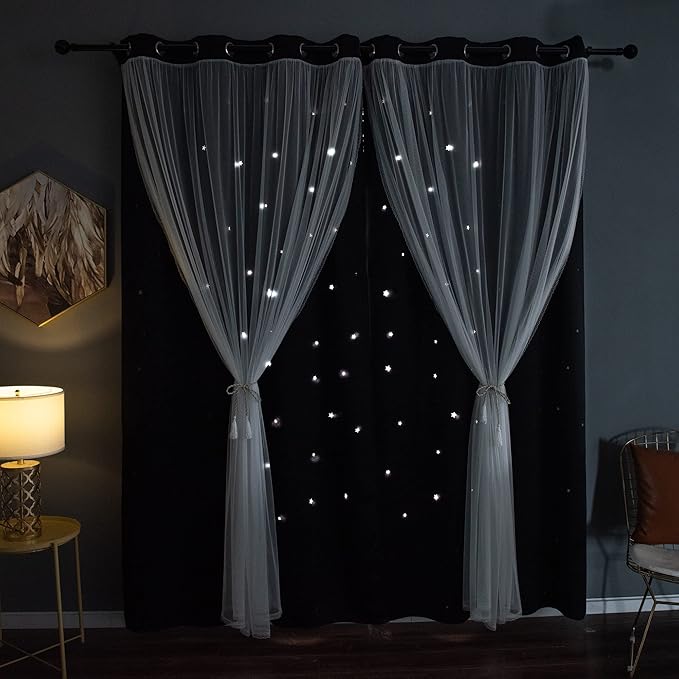 Kinryb Black Star Cutout Blackout Curtains Double Layer Curtains with Durable Sheer Curtains for Bedroom Thermal Insulated Window Treatment Set with 2 Free Tiebacks (52W x 72L 2 Panels Black)