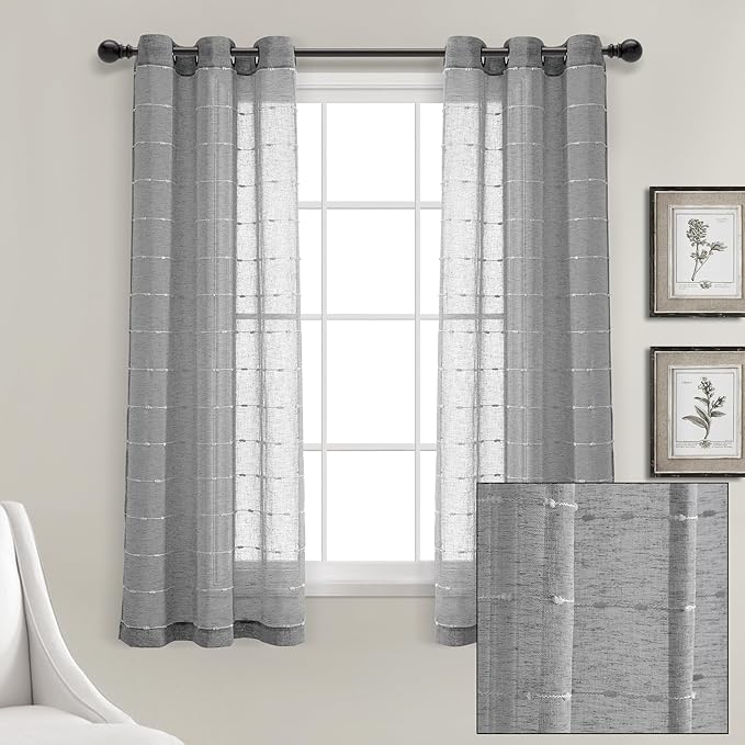 Lush Decor Farmhouse Textured Grommet Sheer Window Curtain Panel Pair, 38"W x 63"L, Dark Gray