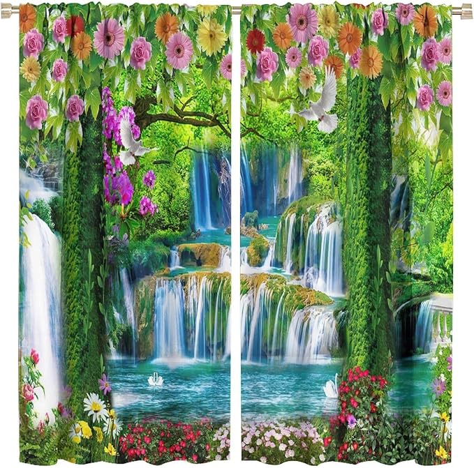 Jungle Nature Blackout Window Curtains, Trees Scenic Waterfall and River Spring Pattern Print Window Drapes, for Living Room Bedroom 84x84in