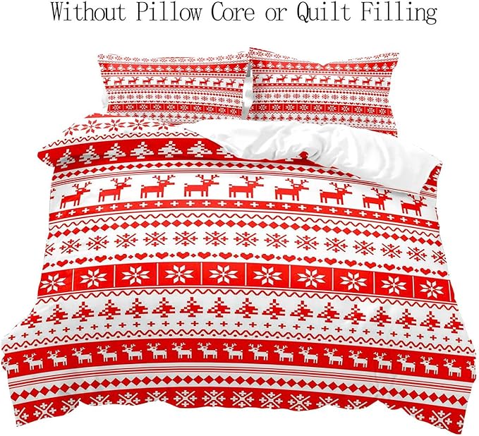 LUVIVIHOME 3PCS King Christmas Duvet Cover Set, White Red, Reindeer Snowflake Poinsettia Christmas Tree Holiday New Year Xmas Striped Comforter Quilt Cover 2 Pillow Shams
