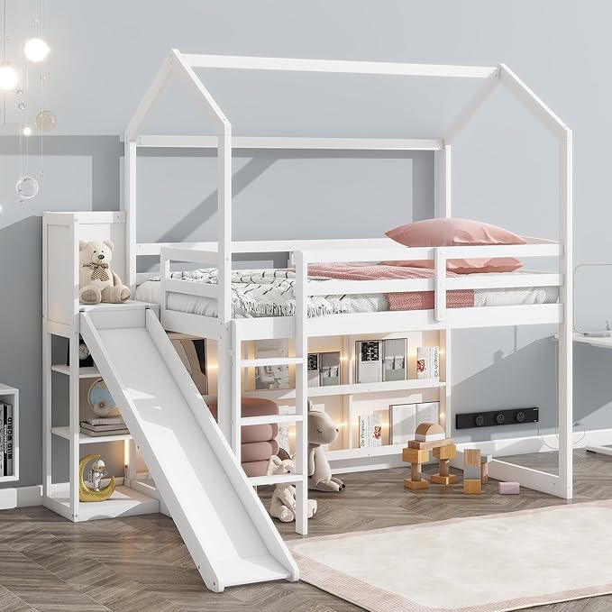Playful Twin Size Wood House Loft Bed with Slide and Climbing Ramp, Multiple-Function Low Loft Bed Frame with Storage Shelves and Light for Kids Teens Boys Girls Bedroom (White-C)