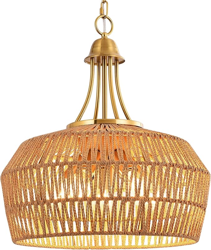 18.5'' Rattan Chandeliers for Dining Room, 5-Light Boho Pendant Light, Hand Woven Lampshade for Kitchen Island, Bedroom, Living Room, Height Adjustable