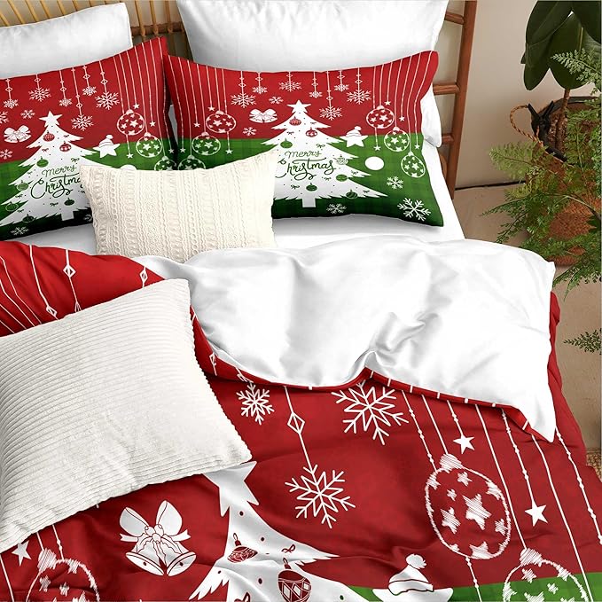 Red Christmas Duvet Cover Twin Size Green Christmas Tree Gingham Bedding Set 2 Pieces Kids Boys Girls Checked Holiday Pattern Comforter Cover with Zipper Closure And 1 Pillowcase (No Comforter)