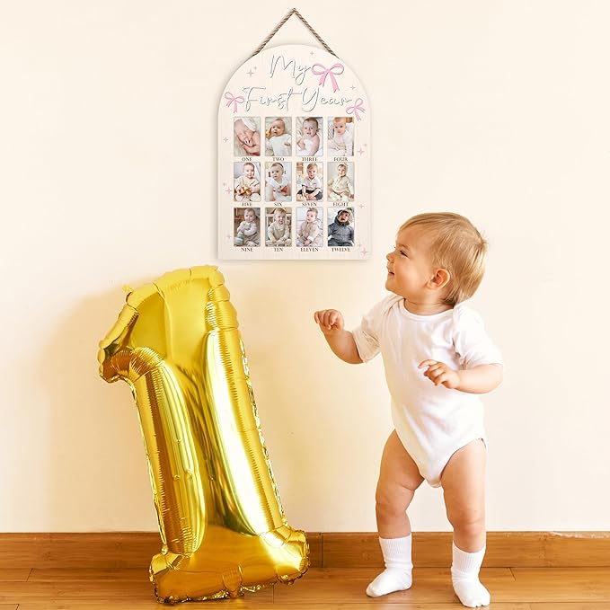 My First Year Photo Board, Pink Bow Baby's First Year Photo Frame 12 Monthly Milestone Picture Frame, Gift for Newborn Baby 1st Birthday Memories Nursery Decoration -07