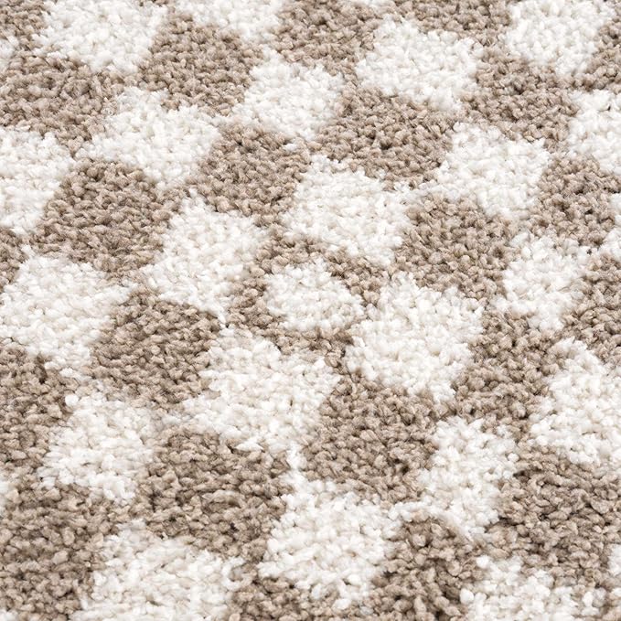 Hauteloom Kieu Contemporary Checkered Fluffy Shag Area Rug - Modern Geometric Soft Carpet Tiles for Living Room, Kids Room, Nursery - Gray, Taupe, White - 18" Sample