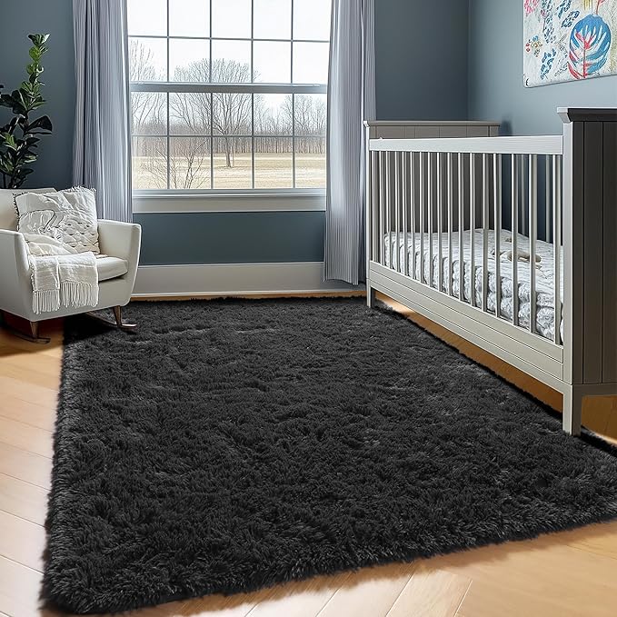 ONASAR Black 8x10 Area Rugs for Living Room, Large Fluffy Shag Bedroom Rug, Washable Ultra Soft Thick Shaggy Floor Big Indoor Carpets for Kids Boys Girls Teen Nursery Dorm Modern Home Decor Aesthetic
