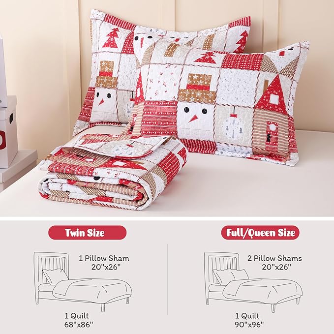 JSD Kids Christmas Quilt Set Full/Queen, Patchwork Christmas Bedding 3 Piece, Soft Microfiber Bedspread Coverlet Holiday Quilted Blanket