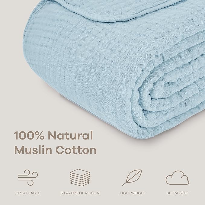 Comfy Cubs Muslin Blanket for Adults Queen 90" x 90" - 6 Layer Soft, Breathable & Lightweight Muslin Adult Blanket - Machine Washable & Designed in The US Bedding for All Seasons - Sky Blue