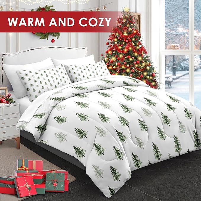 7 Pcs Queen Size Christmas Comforter Set with 2 Pillowcases & 2 Shams, Nature Simple Pine Tree Bedding for Kids and Adults, Winter Merry Xmas Bed in a Bag with Flat Fitted Sheet