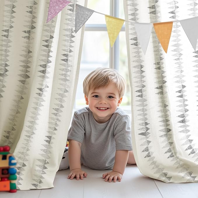 jinchan Linen Nursery Curtains for Living Room Boho Curtains for Bedroom Kids Room 63 Inches Long Geometric Printed Farmhouse Drapes Rod Pocket Window Treatment Curtain Set of 2 Panels Gray