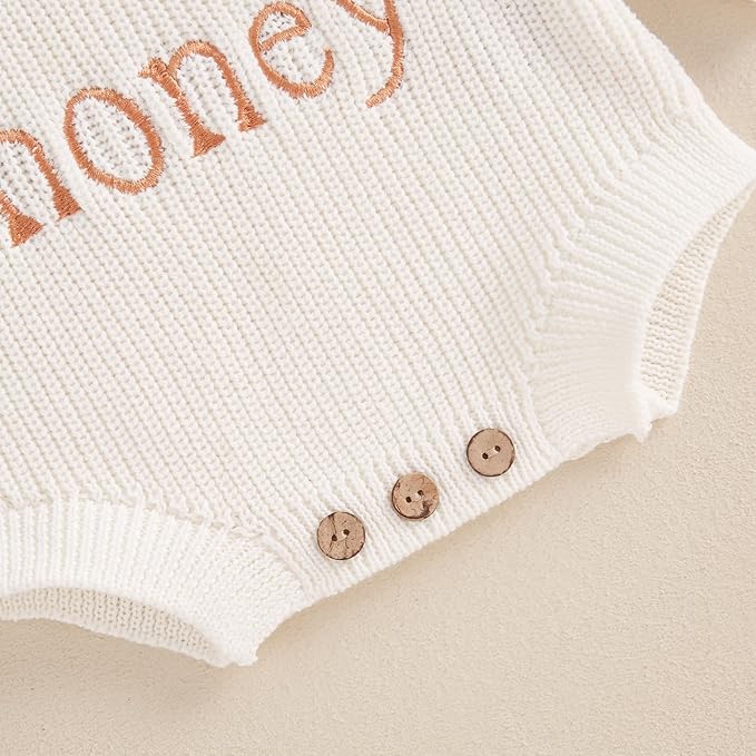 Lesimsam Newborn Baby Boy Girl Valentines Day Outfit Oversized Embroidery Long Sleeve Knit Sweater Bubble Romper Bodysuit