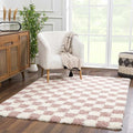 Hauteloom Atira Contemporary Checkered Fluffy Shag Area Rug - Modern Geometric Carpet Tiles for Living Room, Kids Room, Nursery - Plush Pile - Pink, Cream, White - 7'10" x 10'3"