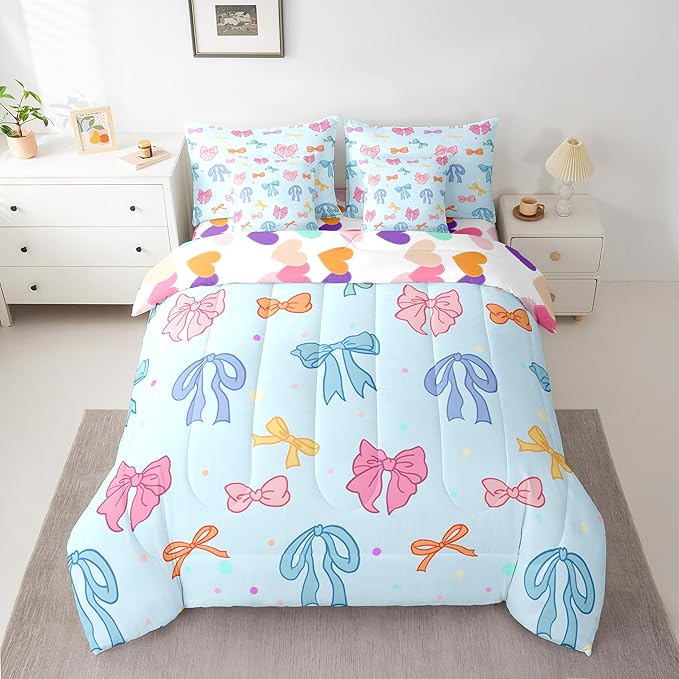 Cartoon Bowknot Kids Comforter King Size,Bow Tie Cute Princess 7 Pcs Bedding Set,Geometric Dot Silk Ribbon Patchwork Room Decor,Pink Blue Dreamy （Fitted+Sheet+2 Pillowcases+2 Throw Pillow Covers）