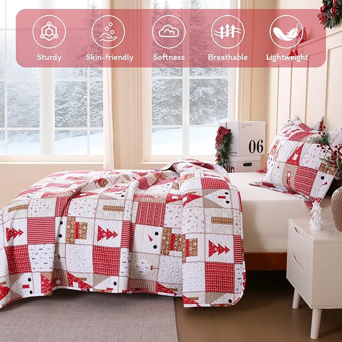 JSD 2 Pcs Kids Christmas Quilt Set Twin Size, Patchwork Christmas Bedding, Soft Microfiber Bedspread Coverlet Holiday Quilted Blanket