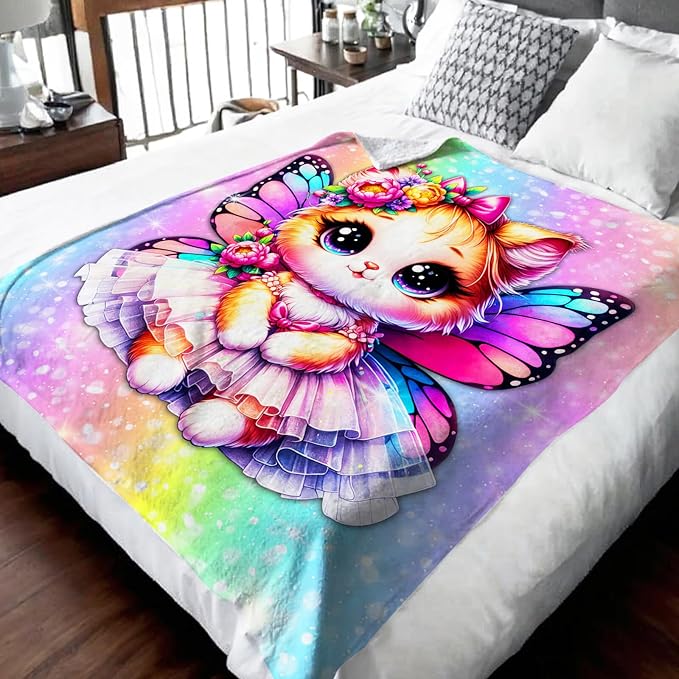 Girls Blanket, Cat Throw Blankets for Kids Teens Cat Lovers 50x60 Inches Lightweight Soft Cute Rainbow Print Throw for Sofa Couch Living Room Bed