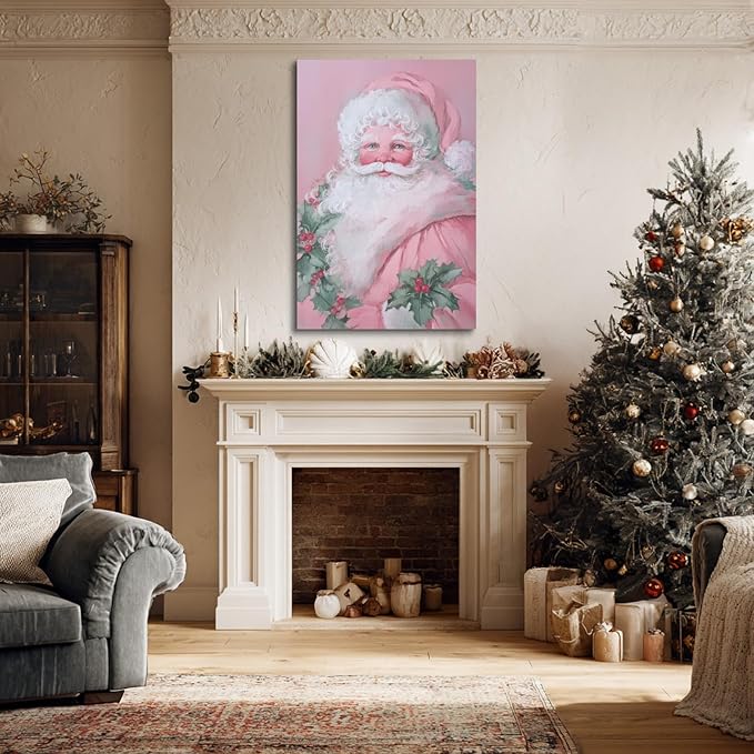 YONICA Christmas Canvas Wall Art Pink Santa 28x40 Inch Soft Pastel Holiday Art for Nursery - Large Framed Gallery Wrapped Kids Room Decor