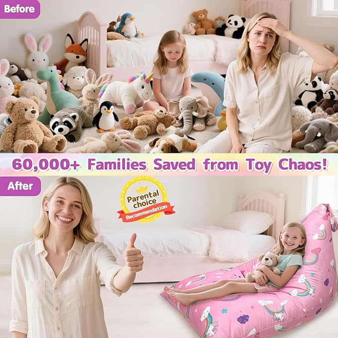 Jorbest Unicorns Stuffed Animal Storage Bean Bag Chair for Kids and Adults, Unicorns Rainbow Bean Bag Stuffed Animal Storage, Luxury Velvet Stuffie Seat - Cover ONLY (200 L/52 Gal, Rainbow)