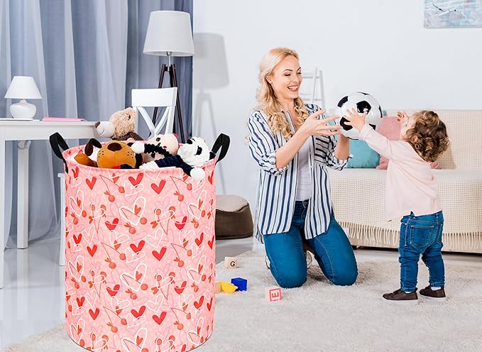 KUNRO Round Valentine's Laundry Gift Basket Storage Hamper, Kids Toys and Clothes Storage Organizer Bins, Toy Shelf Basket with Handles for Room Decor