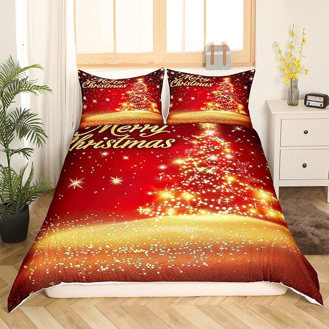 Manfei Christmas Tree Duvet Cover Set Full Size Gold Sparkle Comforter Cover Merry Christmas Bedding Set 3pcs for Kids Boys Girls Western New Year Theme Bedspread Cover with 2 Pillowcases,No Comforter