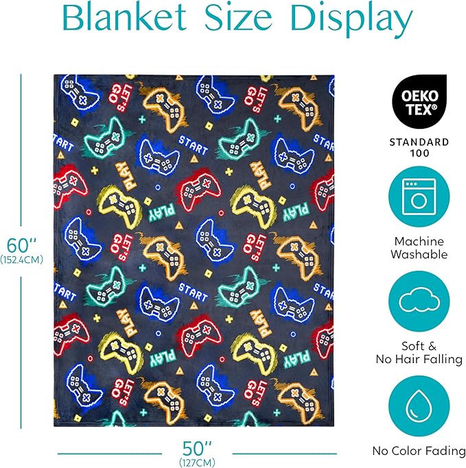 Joiedomi Glow in The Dark Gaming Blanket Gamer Gifts for Boys Age 2 3 4 5 6 7 8 9 10 11 12 Year Old, Soft Cozy Flannel Kids Throw Blanket, Birthday Bedroom Decor Grey 50"×60"