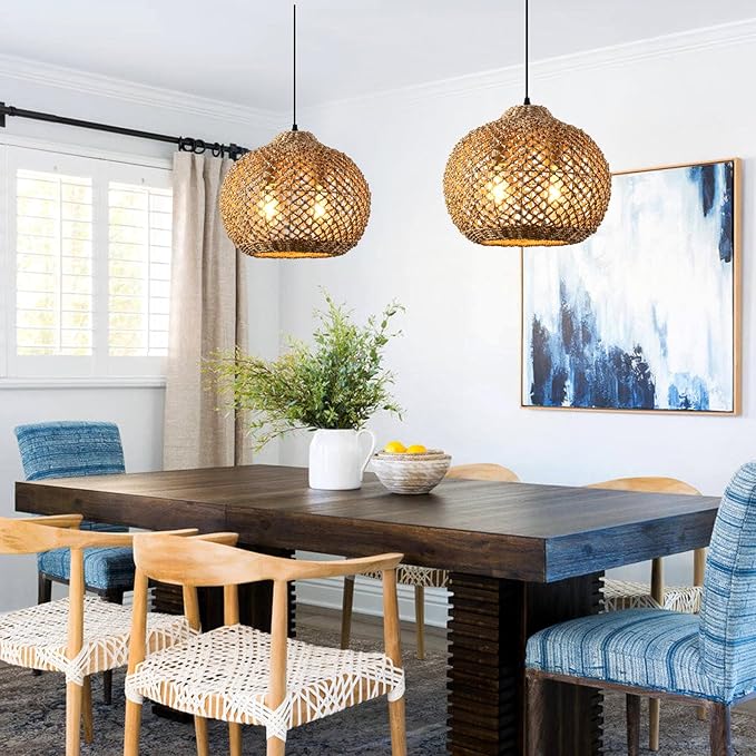 13.79" Rattan Coastal Pendant Light Fixture,Boho 2-Light Kitchen Island Ceiling Hanging Lighting Wicker Hand Woven Farmhouse Chandelier,for Bedroom, Dining Room, Entryway, Foyer