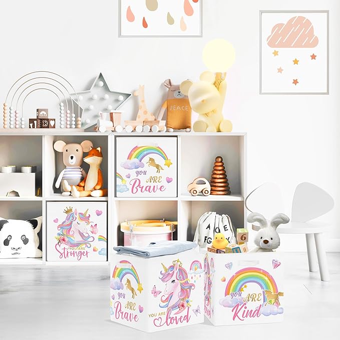 Clastyle Pink Unicorn Rainbow Kid Storage Basket Set Foldable Closet Clothes Organizer Nursery Toddler Toy Bin Girl Book Shelf Basket, Diamond, 11.8x11.8x11.8 in